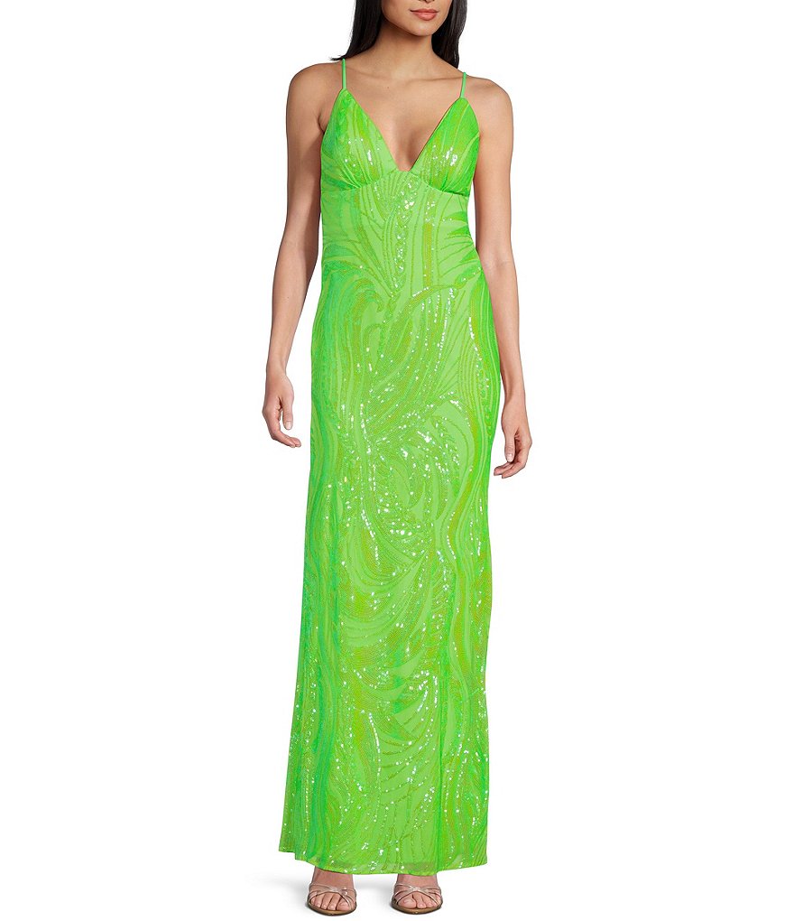 Длинное кружевное платье Morgan & Co. с узором и пайетками, зеленый