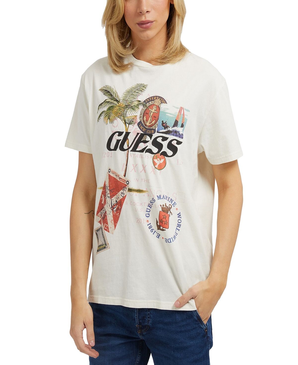 

Мужская футболка с круглым вырезом с короткими рукавами и рисунком коллажа GUESS