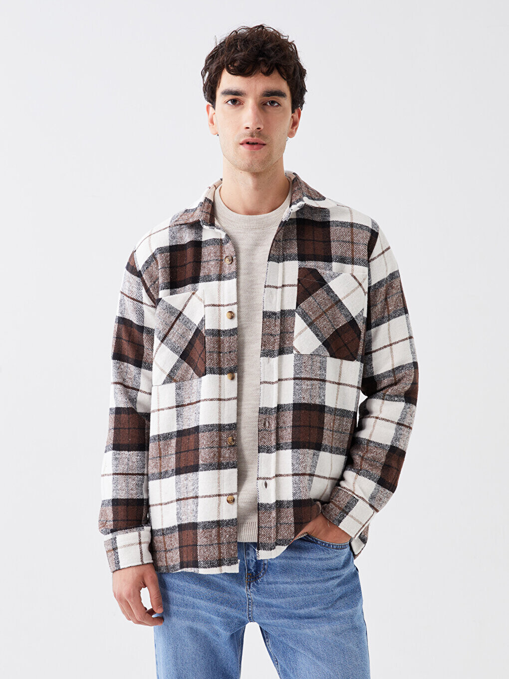 

Удобная мужская рубашка-рубашка в клетку с длинными рукавами LCW Casual, коричневый плед