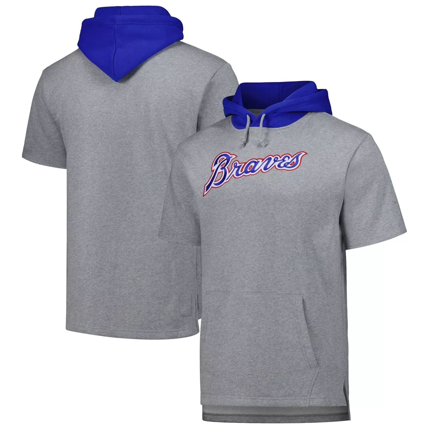 

Мужской пуловер с короткими рукавами Mitchell & Ness Heather Grey Atlanta Braves Postgame, толстовка с капюшоном