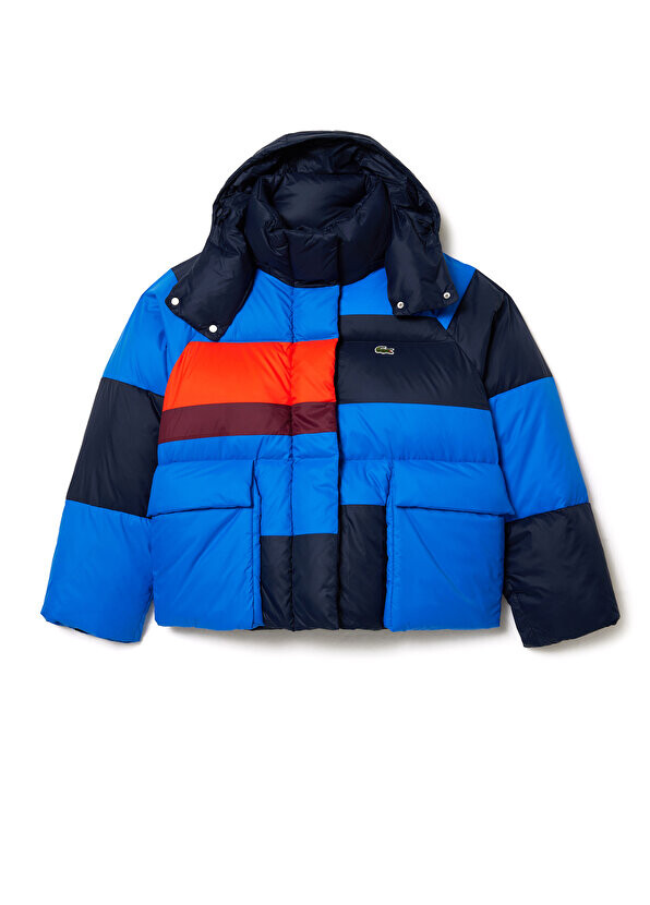 

Синее женское пуховик с капюшоном и цветными блоками Lacoste, Синий