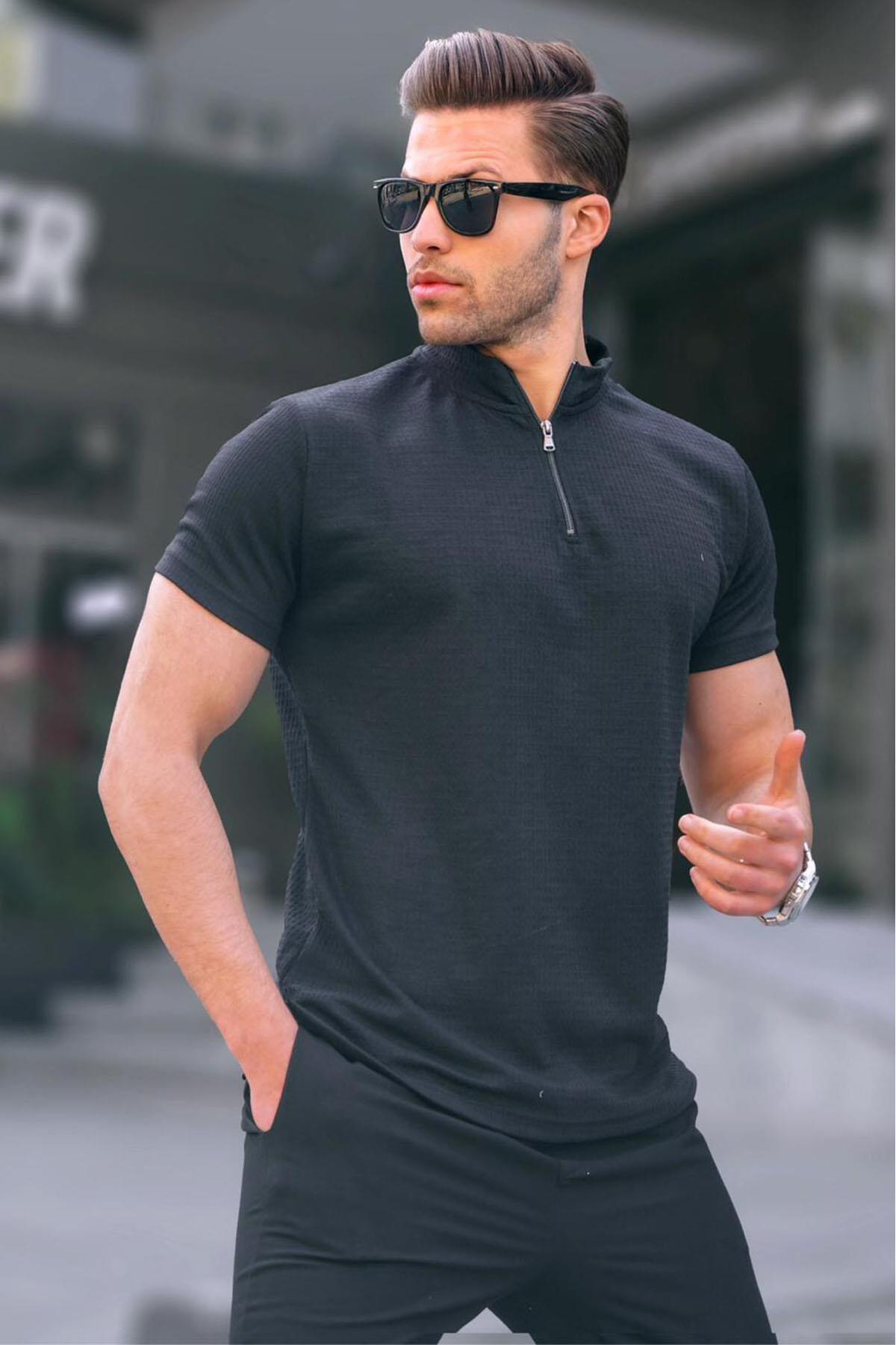Черная мужская футболка с воротником-молнией Madmext, черный цена и фото