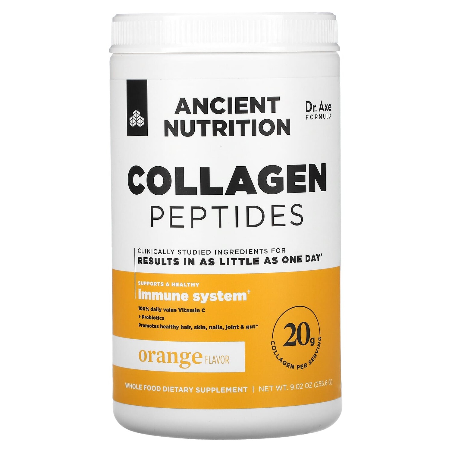

Коллагеновые пептиды, апельсин, 255,6 г (9,02 унции), Dr. Axe / Ancient Nutrition
