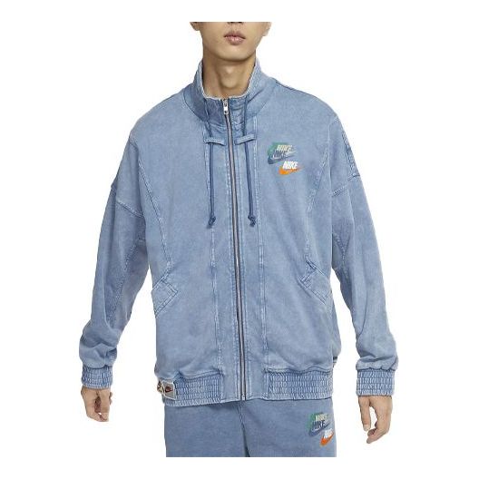 Куртка Men's Nike Sportswear Solid Color Logo Casual Denim Long Sleeves Stand Collar Autumn Blue Jacket, синий