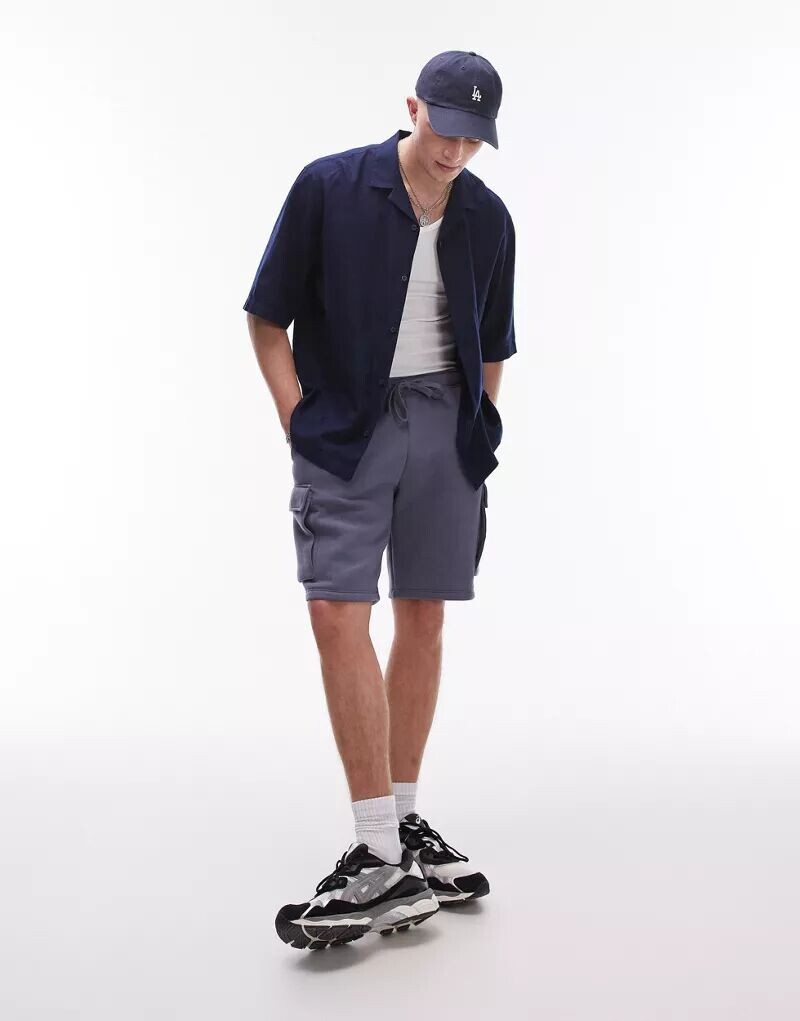 

Темно-синяя льняная рубашка свободного кроя с короткими рукавами Topman