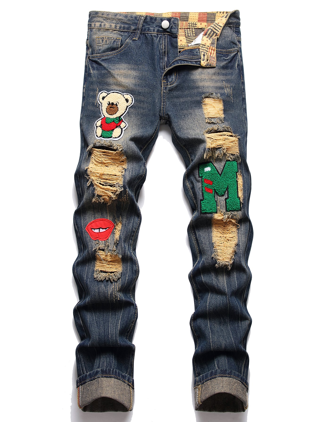 Мужские повседневные джинсы из денима с вышивкой в ​​виде букв и медведей и потертыми деталями, темная стирка застиранные потертые и рваные джинсы голубые