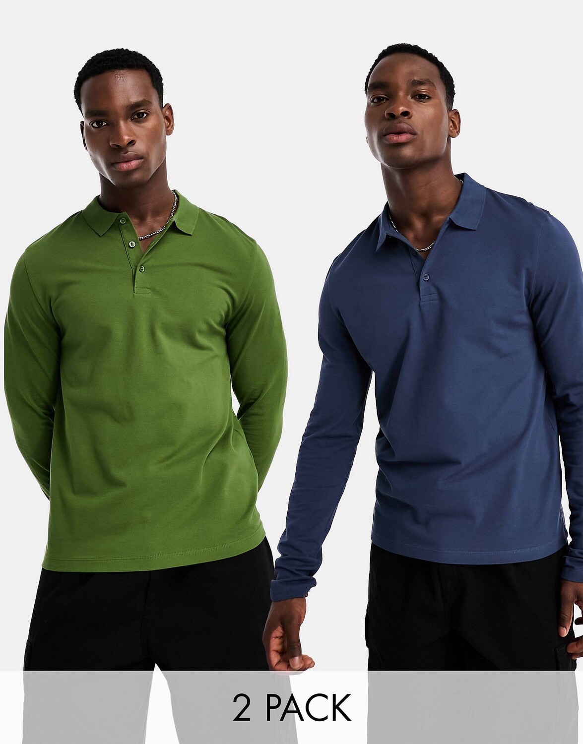 

Зеленая и темно-синяя футболка-поло из пике с длинными рукавами ASOS DESIGN, Зеленый