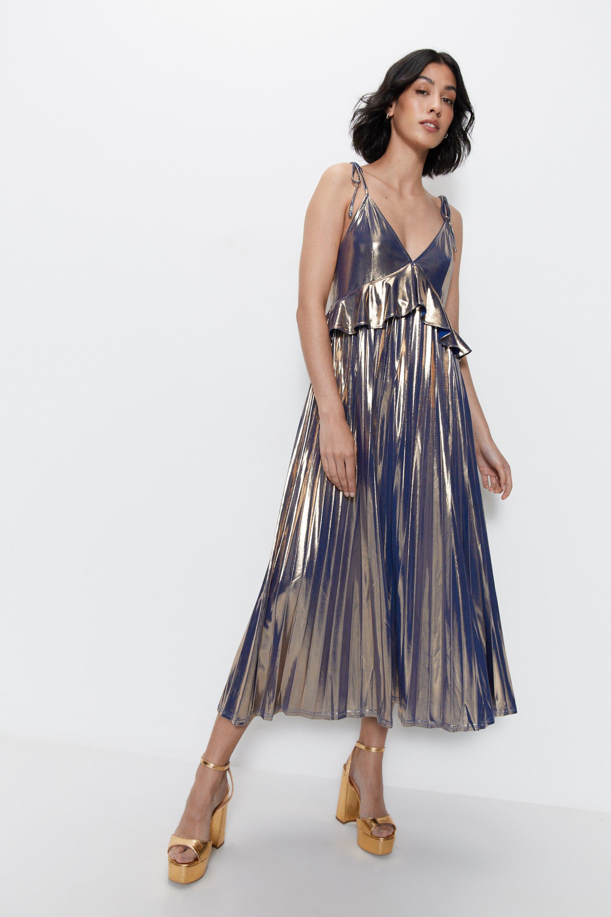 Плиссированное платье миди Lame Warehouse, золото