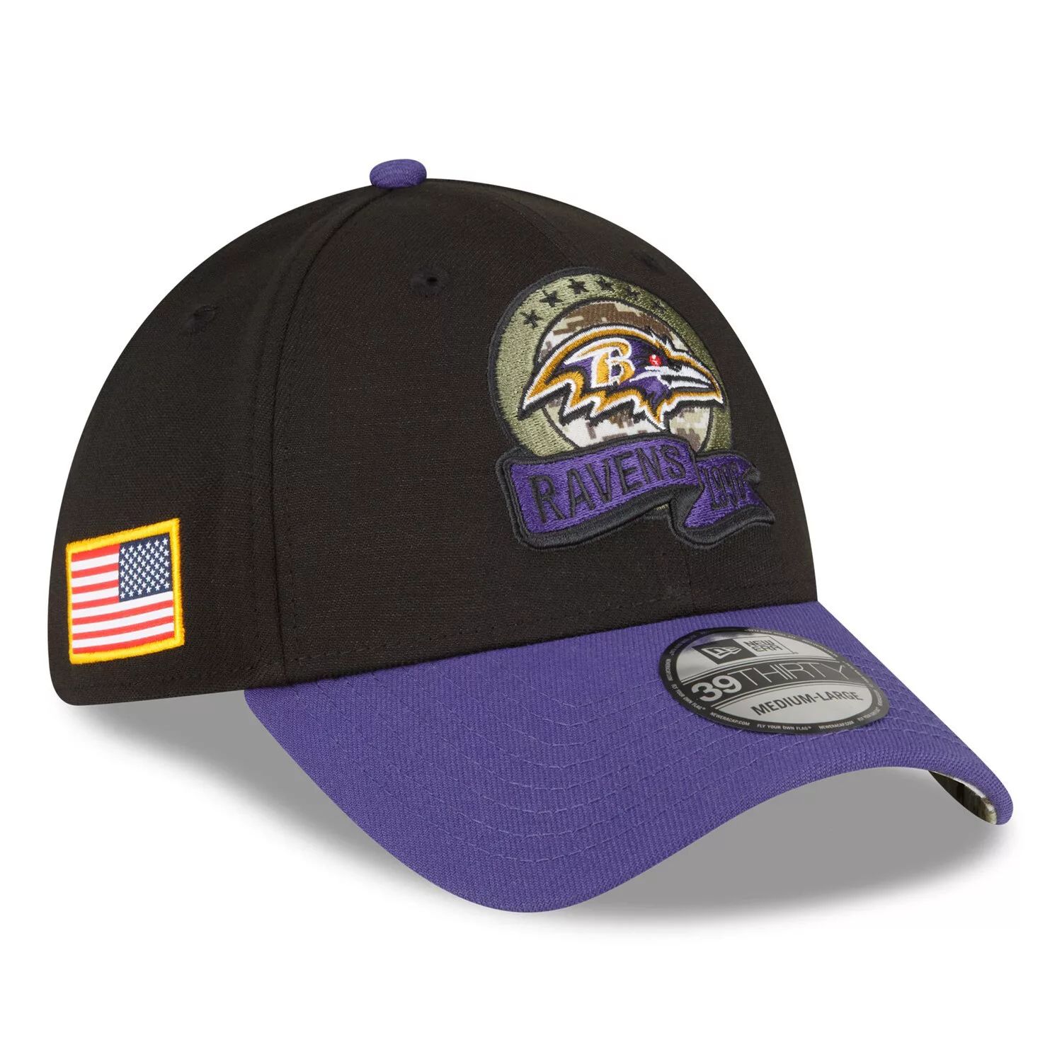 

Мужская кепка New Era черная/фиолетовая Baltimore Ravens 2022 Salute To Service 39THIRTY Flex Hat