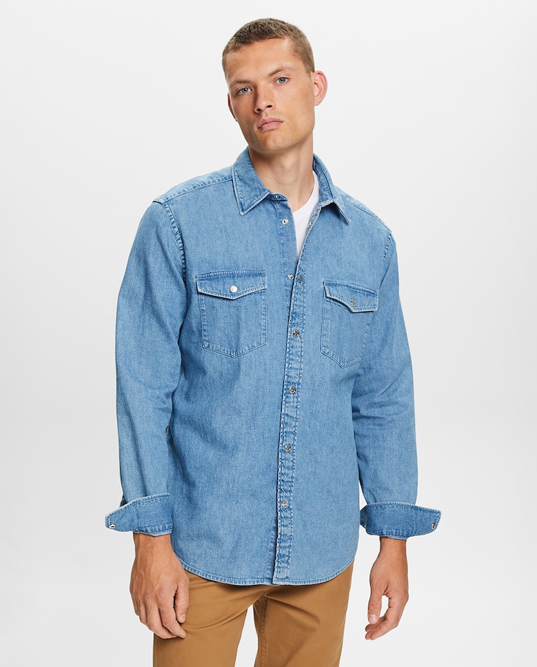 Мужская базовая джинсовая рубашка из хлопка Esprit, светло-синий мужская базовая рубашка оксфорд из хлопка esprit белый