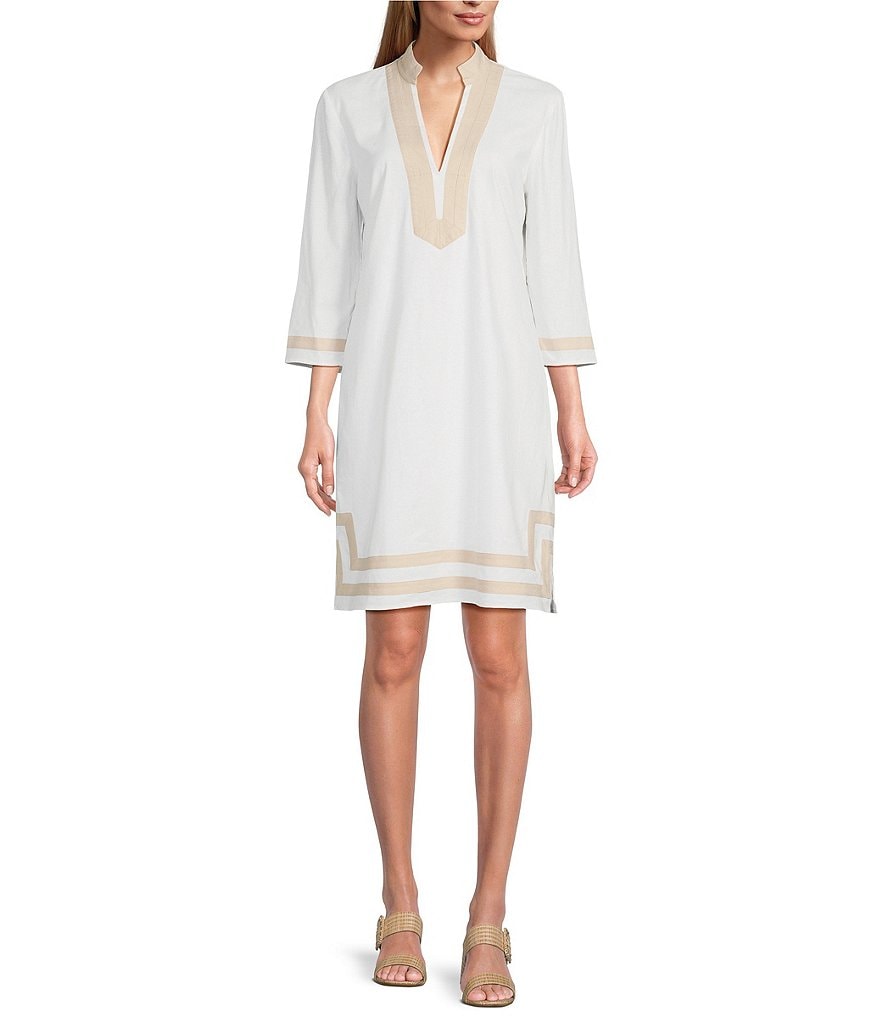 Платье Лоретта из льняного эластичного льна Preston & York с рукавами 3/4 и вышивкой, белый