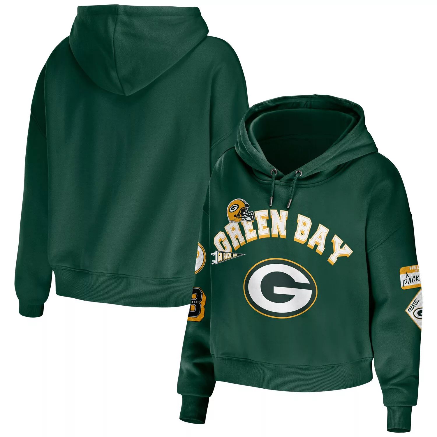 Женская одежда Erin Andrews Green Green Bay Packers Скромный укороченный пуловер больших размеров с капюшоном больших размеров