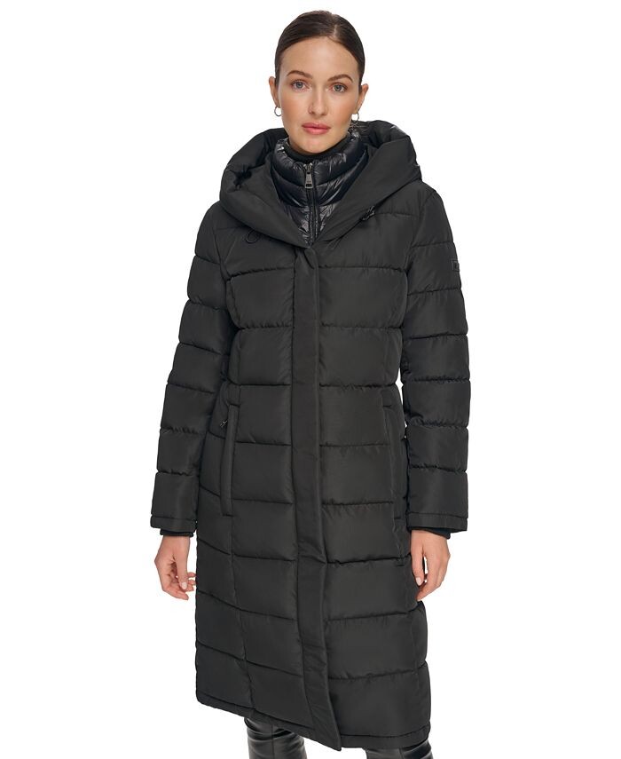 

Женский пуховик с капюшоном и полукомбинезоном DKNY, черный