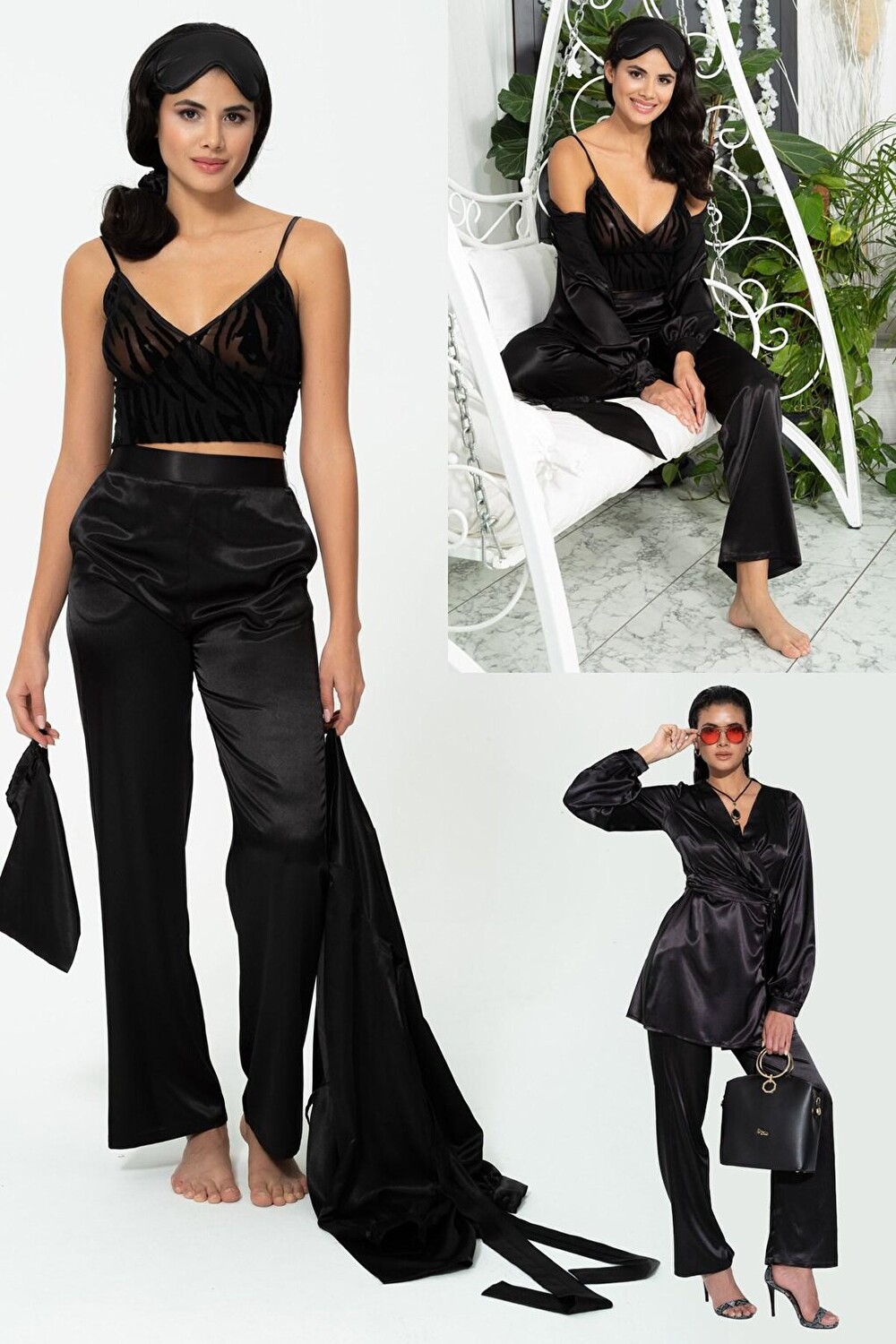 

Бюстье из 6 предметов, халат, брюки, черный пижамный комплект FOR YOU MODA
