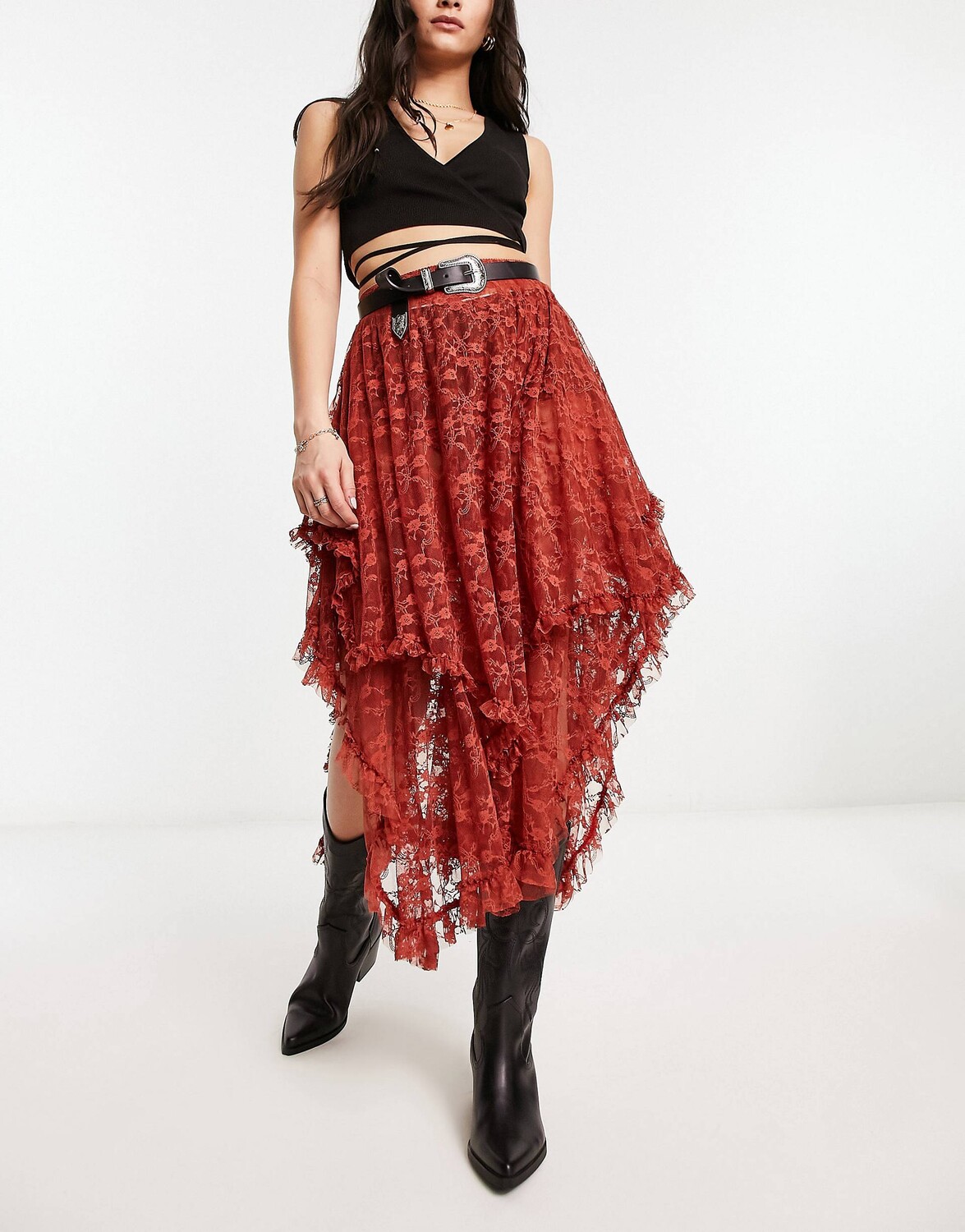 

Асимметричная кружевная юбка миди цвета ржавчины Free People