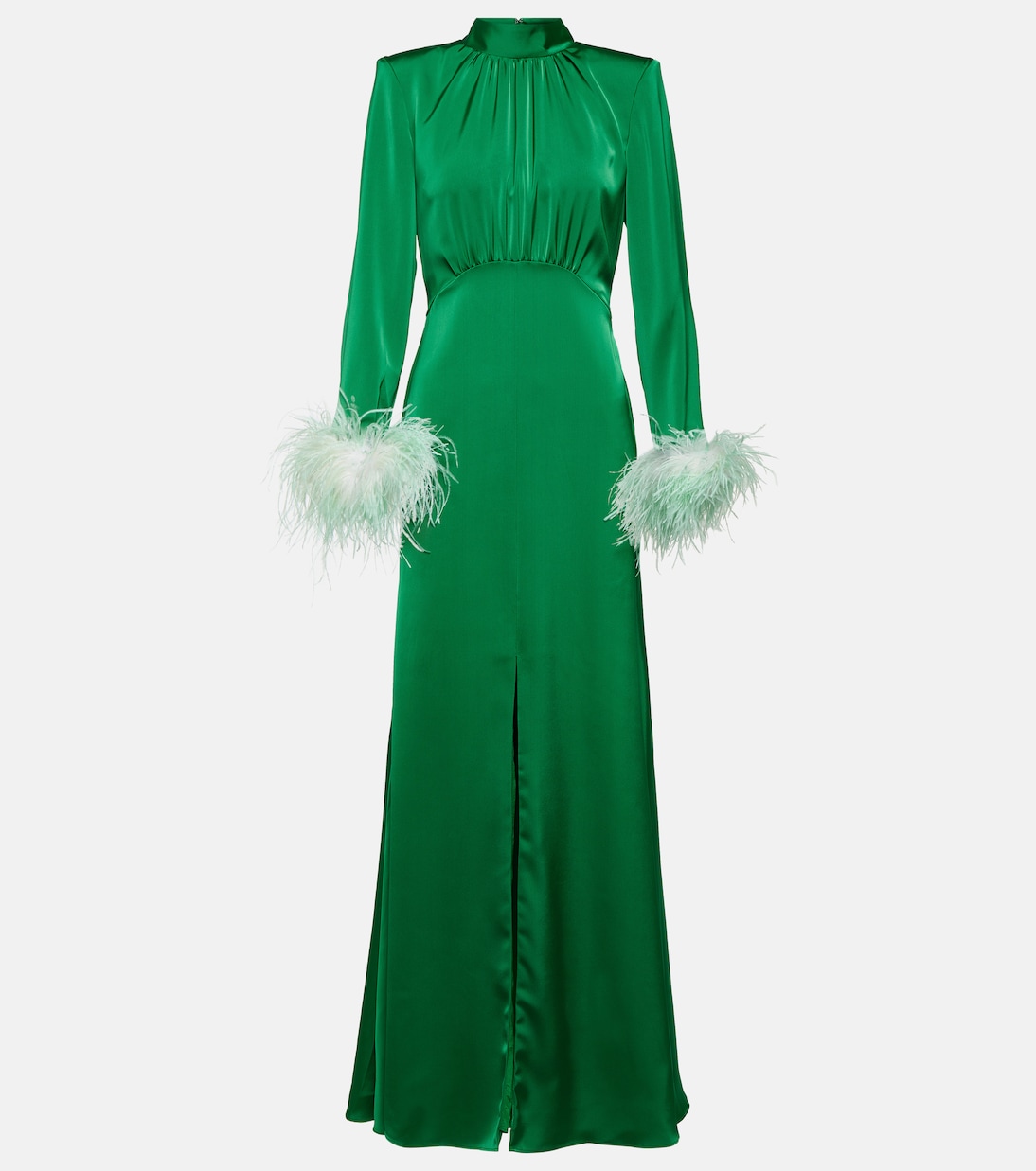 Атласное платье с перьями Self-Portrait, зеленый