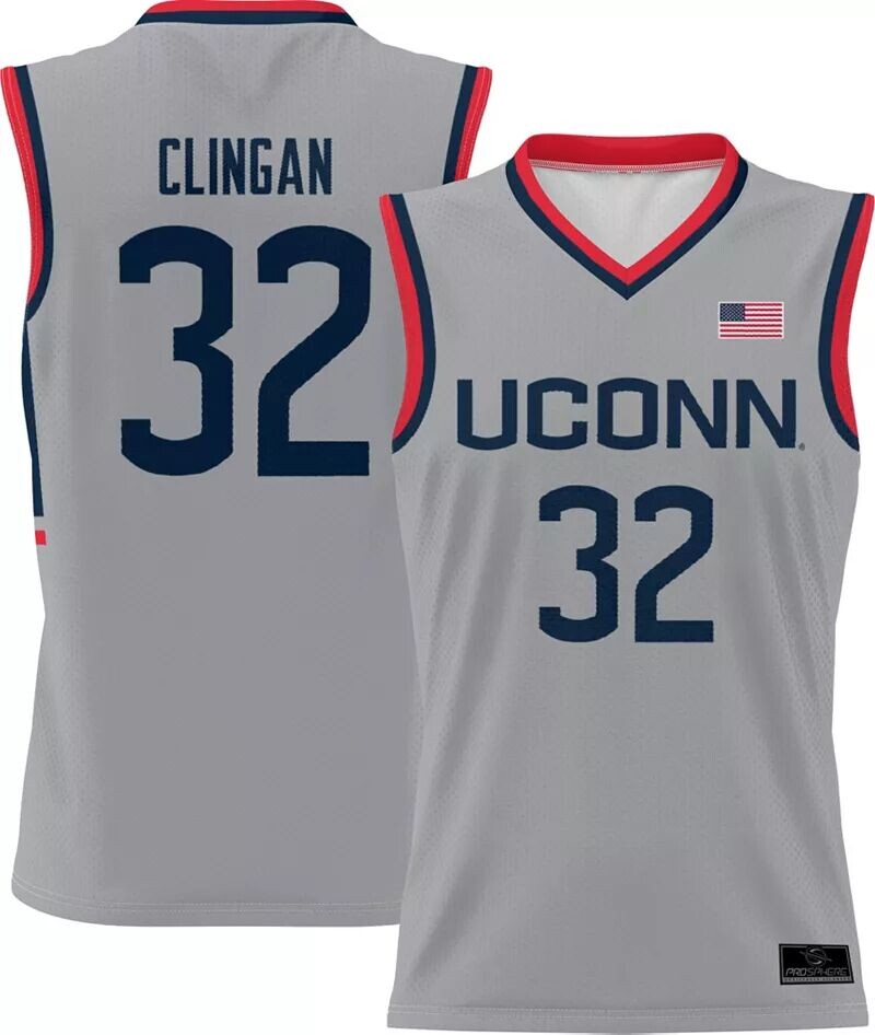 

Prosphere Youth UConn Huskies #32 Серый Донован Клинган Альтернативная полностью сублимированная баскетбольная майка