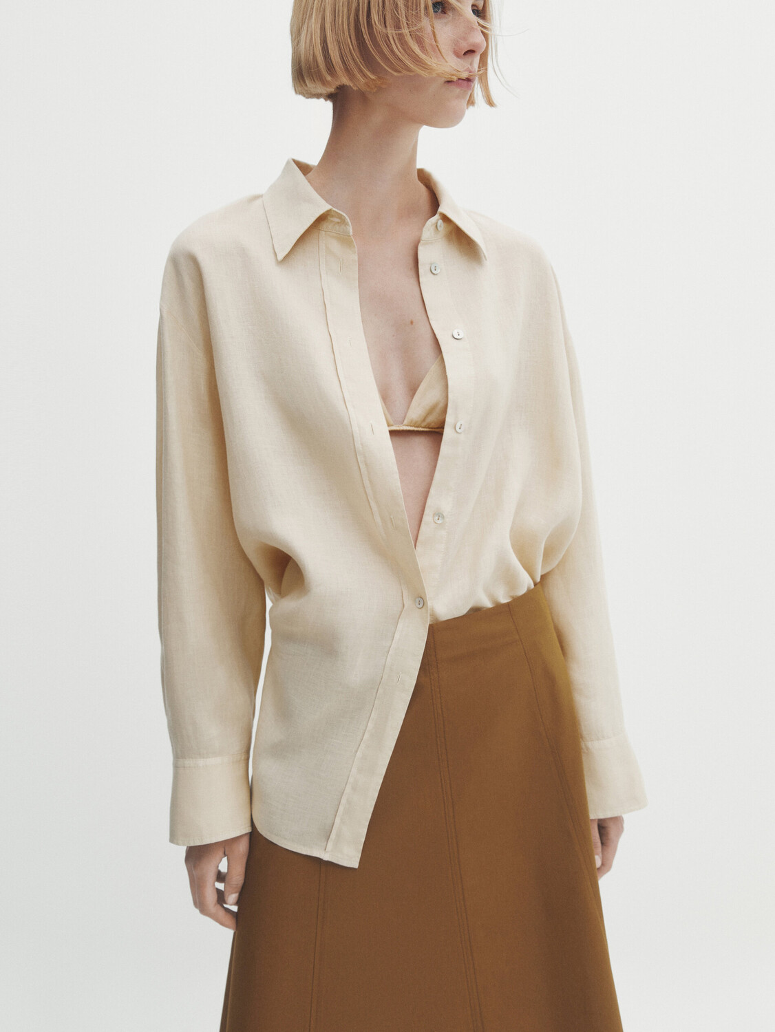 

Юбка миди из поплина со деталями по швам Massimo Dutti, охра