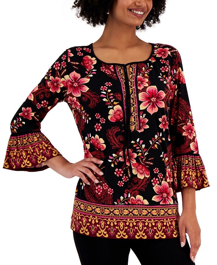 

Женский топ с принтом Camila, украшенный каймой JM Collection, черный