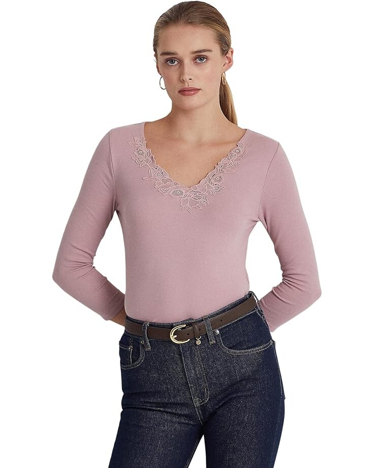

Топ LAUREN Ralph Lauren Petite Lace-Trim Stretch Cotton, цвет Scottish Primrose