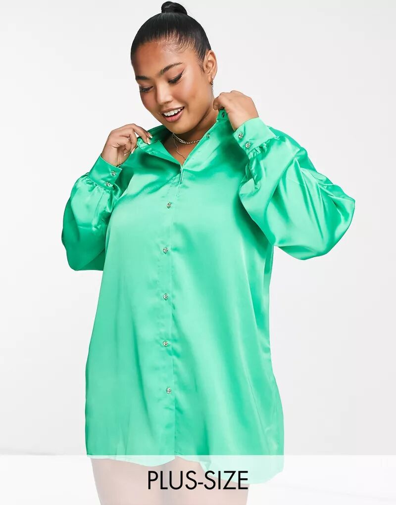 Зеленое атласное платье-рубашка New Look Curve