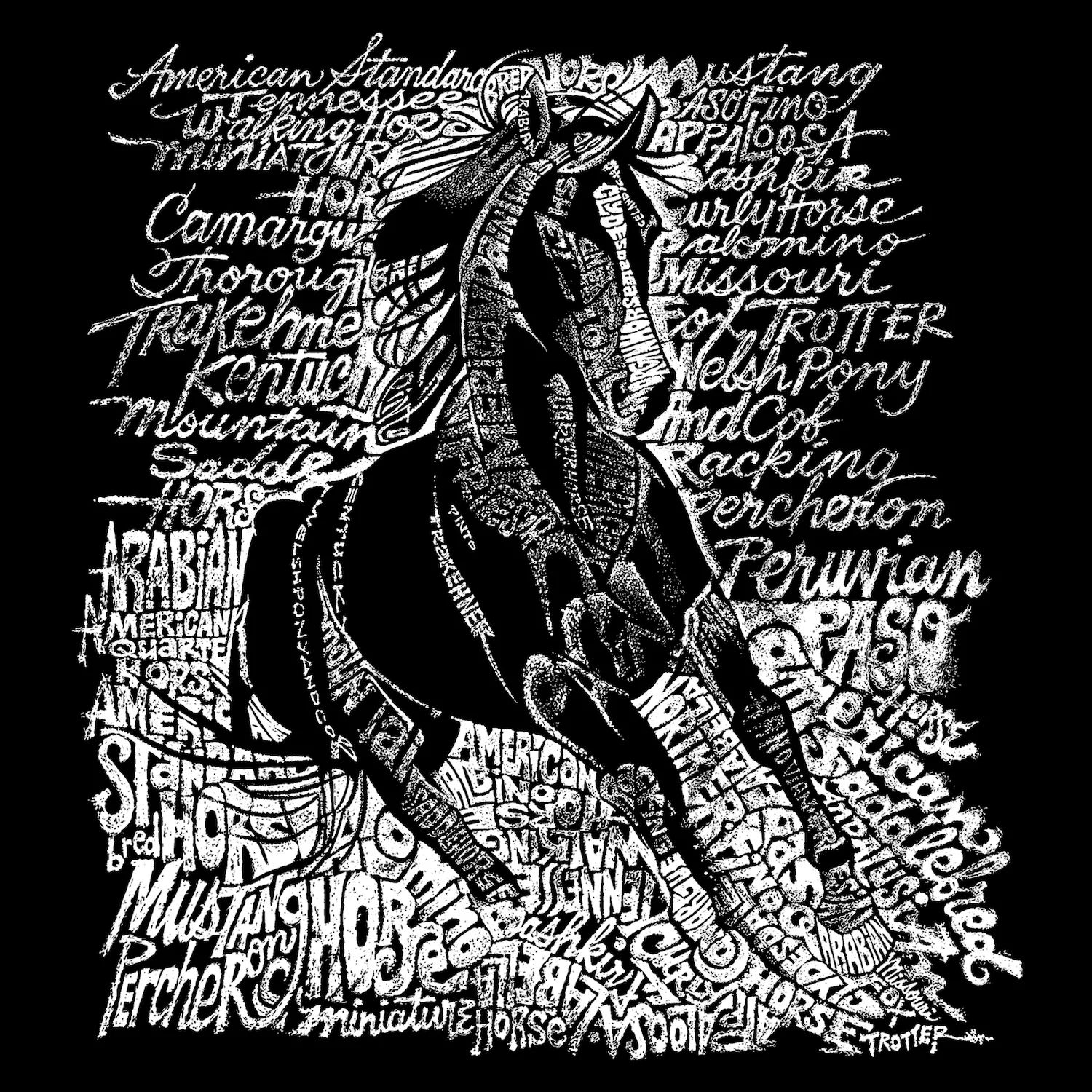 Популярные породы лошадей — мужская футболка с рисунком Word Art LA Pop Art, черный