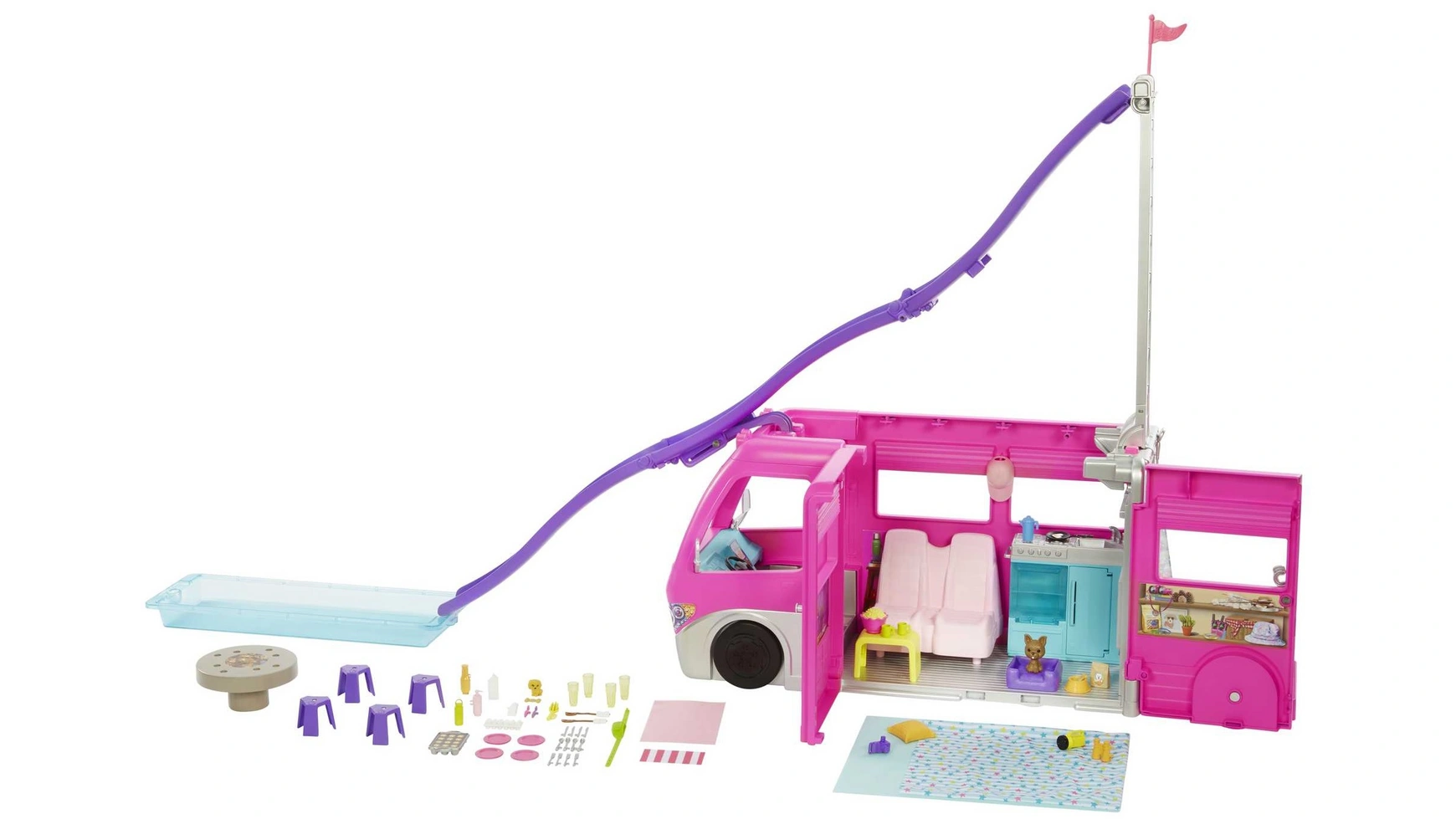 barbie playset with figures pet camper Автомобиль Barbie Super Adventure Camper высотой 76 см с бассейном, горкой и более 60 аксессуарами.