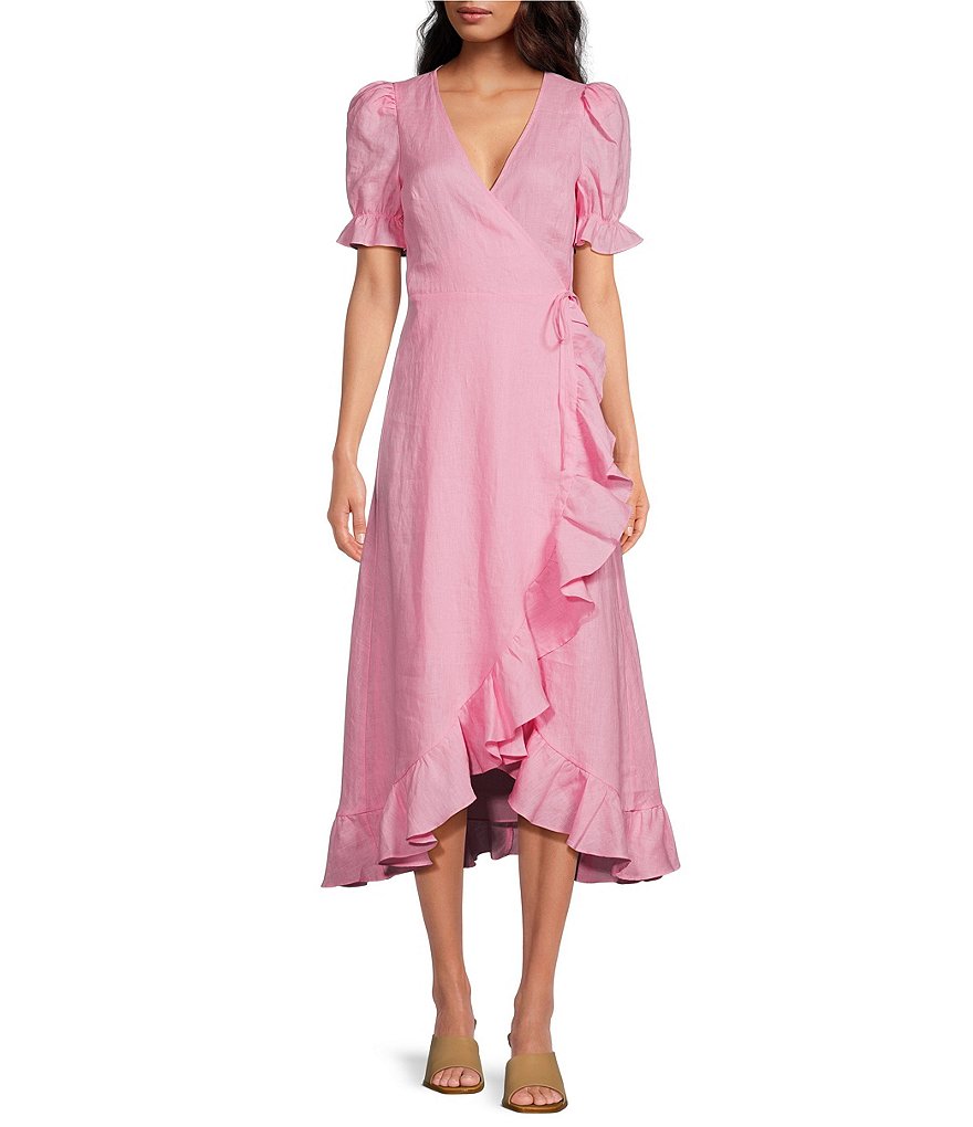 Платье миди A Loves A с короткими рукавами-фонариками и высоким низом, с оборками и завязками по бокам, розовый