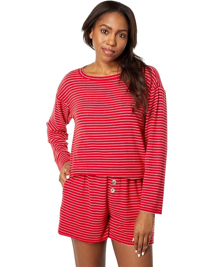 

Пижамный комплект Mod-o-doc Cozy Stripe Rib Long Sleeve Crew and Paperbag Shorts Set, красный