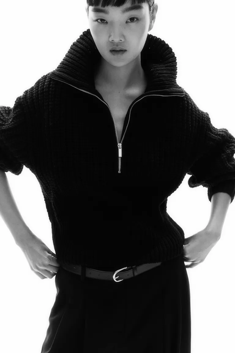 Пуловер крупной вязки с молнией сверху H&M, черный