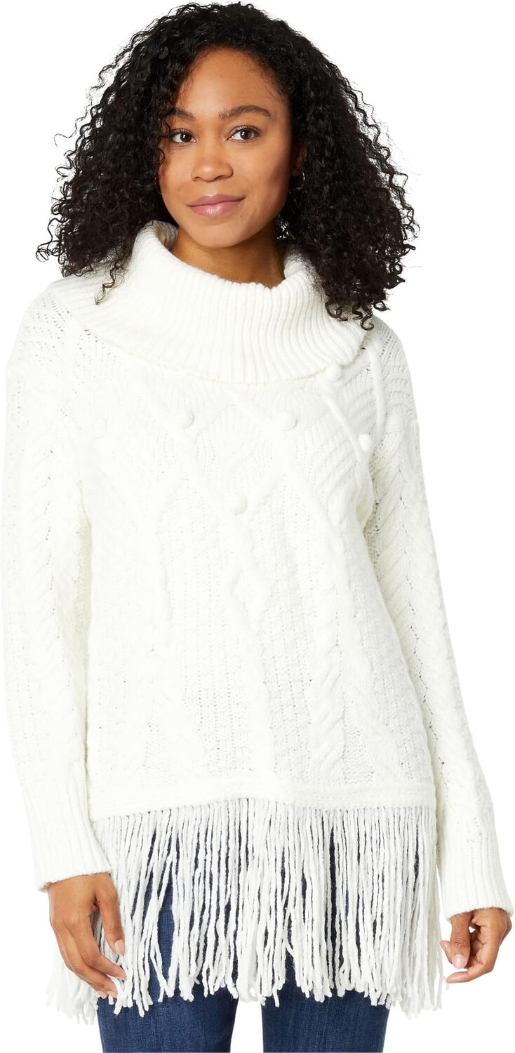 

Свитер T-Neck Cable Fringe Hem Vince Camuto, цвет Antique White
