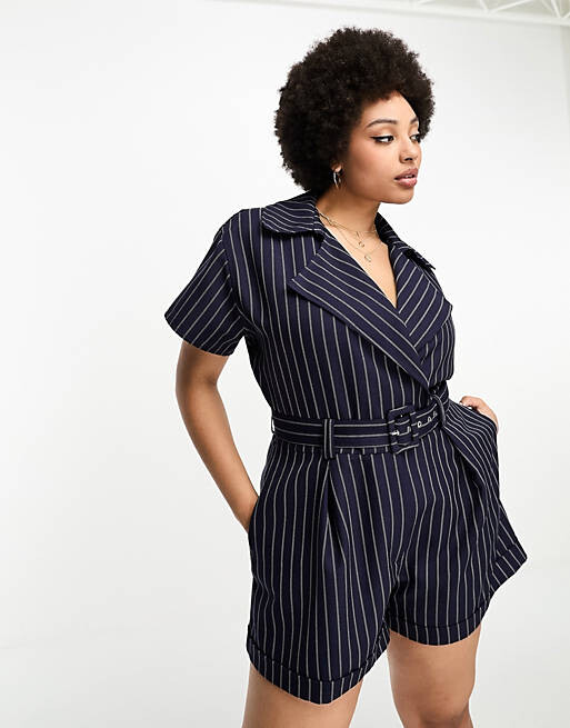 

Комбинезон в тонкую полоску с короткими рукавами и поясом ASOS DESIGN Curve