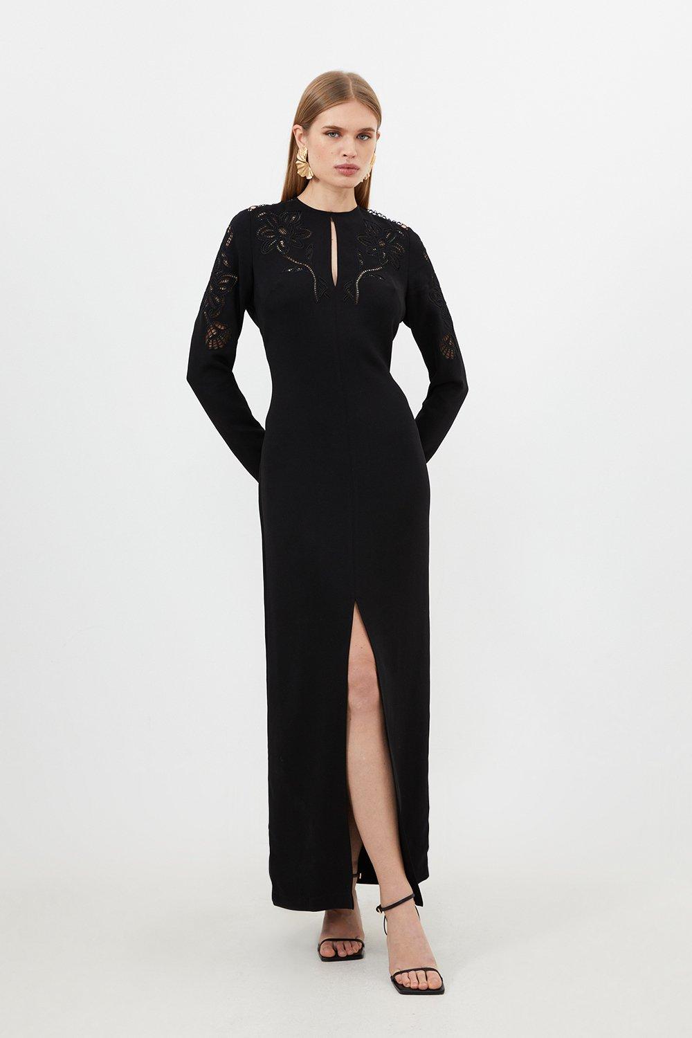 Тканое платье макси с длинными рукавами и вырезами премиум-класса из кади Karen Millen, черный