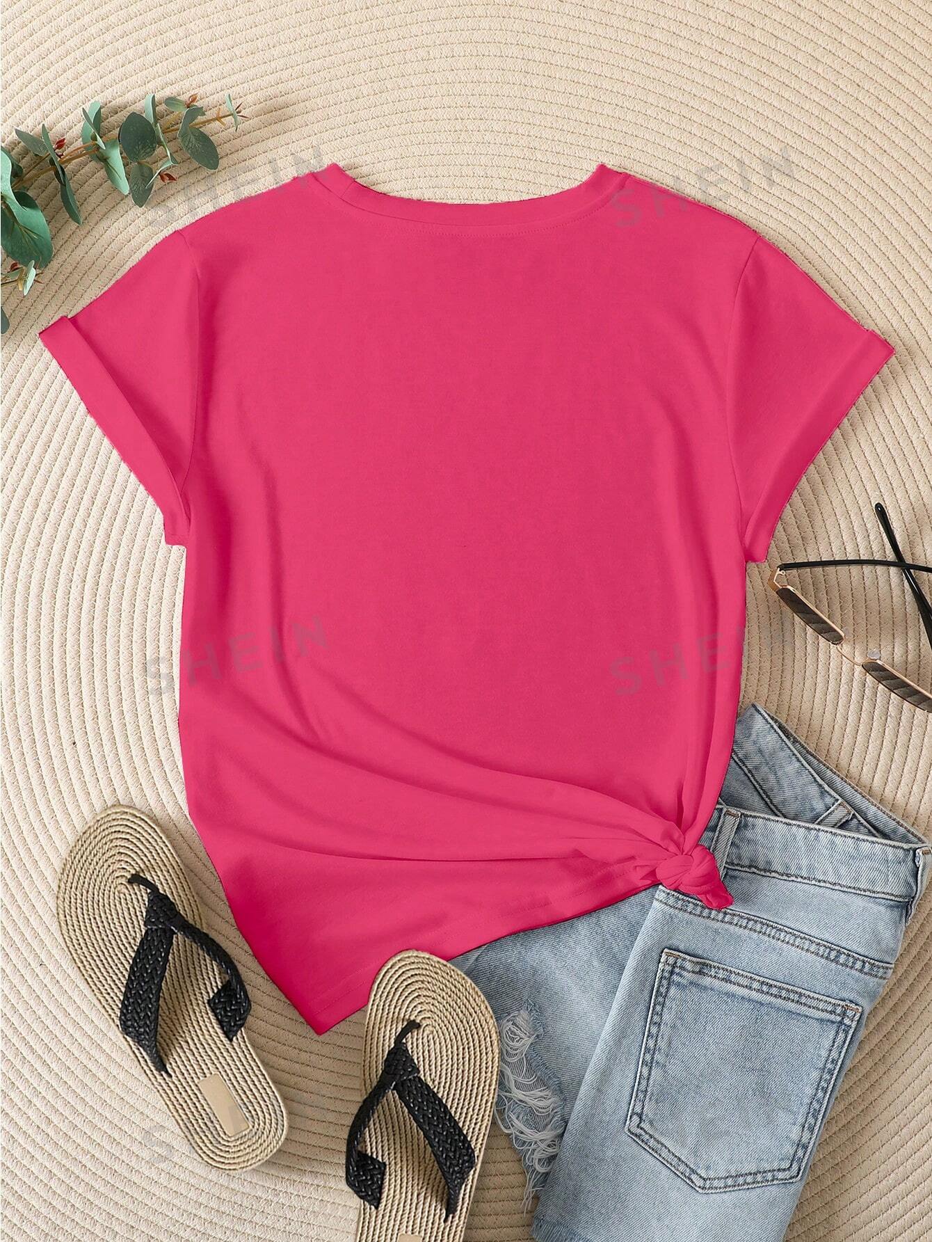 цена Сплошной цвет Круглый вырез Повседневная футболка с коротким рукавом, ярко-розовый