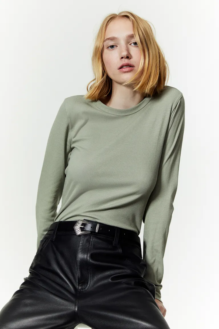 Блуза из смесового модала в рубчик H&M, зеленый