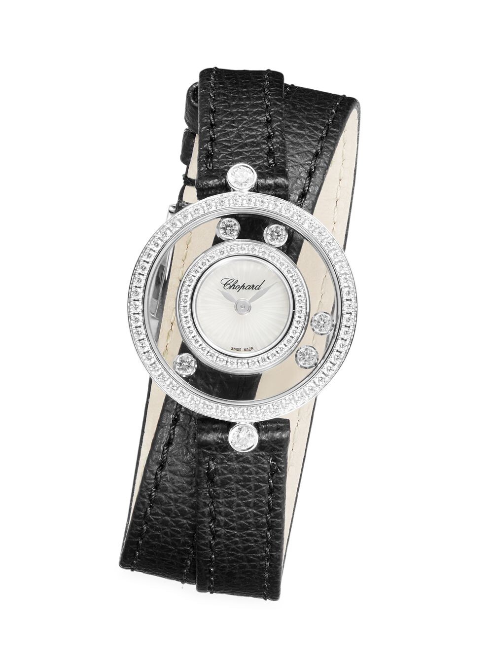 

Часы Happy Diamonds Icons из 18-каратного белого золота с бриллиантами и кожаным ремешком Chopard, черный