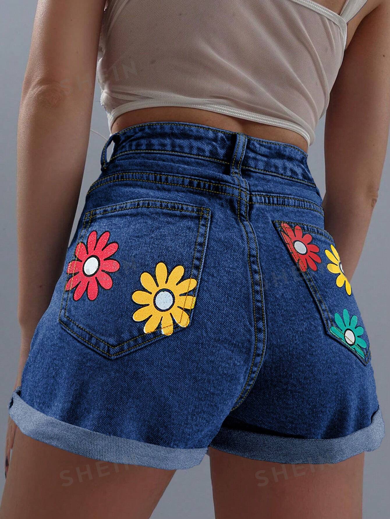 Джинсовые шорты с цветочным принтом, темная стирка джинсовые шорты с цветочным принтом легкая стирка