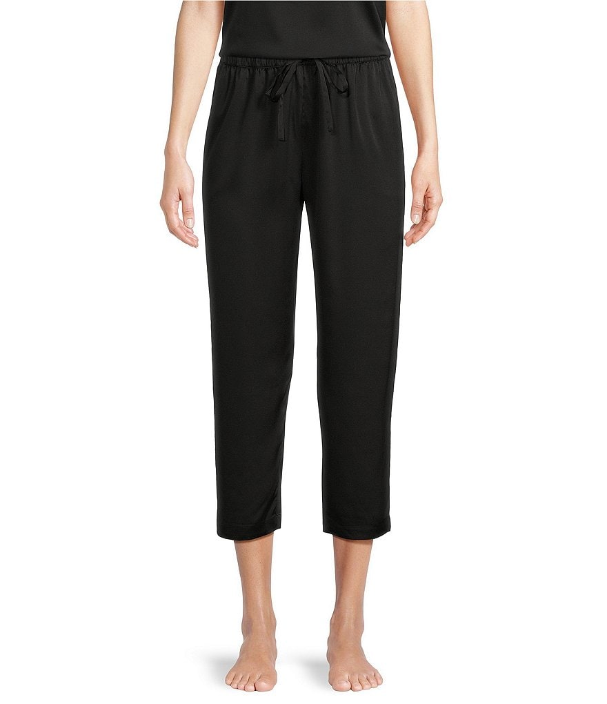 VAN WINKLE & CO. Однотонные атласные укороченные брюки для сна с эластичной резинкой на талии и карманами, черный