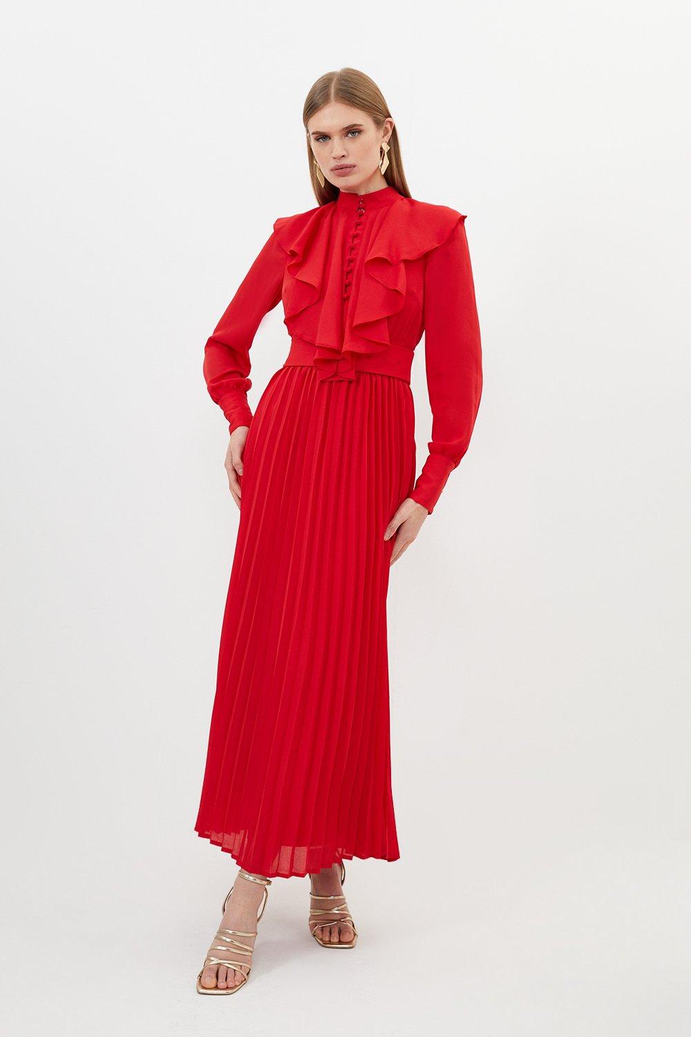 Тканое платье миди с длинными рукавами и рюшами Georgette Karen Millen, красный цена и фото