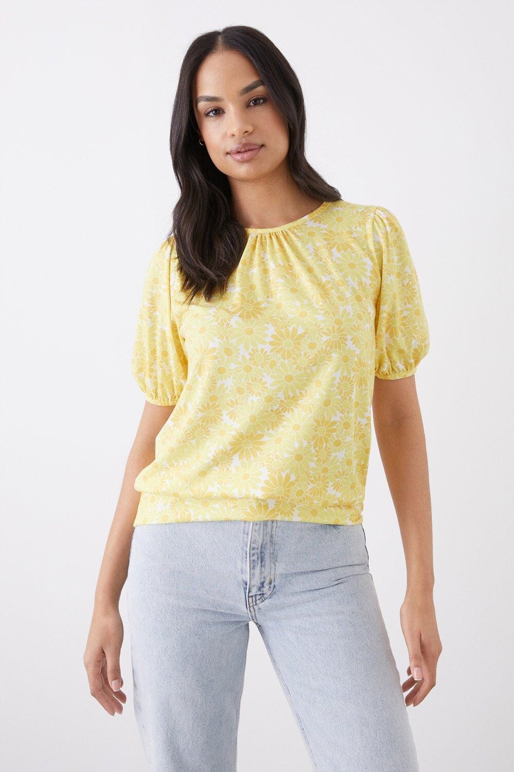 

Топ с объемными рукавами и цветочной окантовкой Dorothy Perkins, желтый