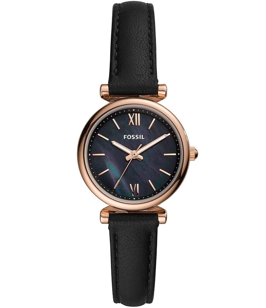 цена Мини-часы Fossil Carlie с тремя стрелками золотистого цвета из нержавеющей стали, черные кожаные часы, черный