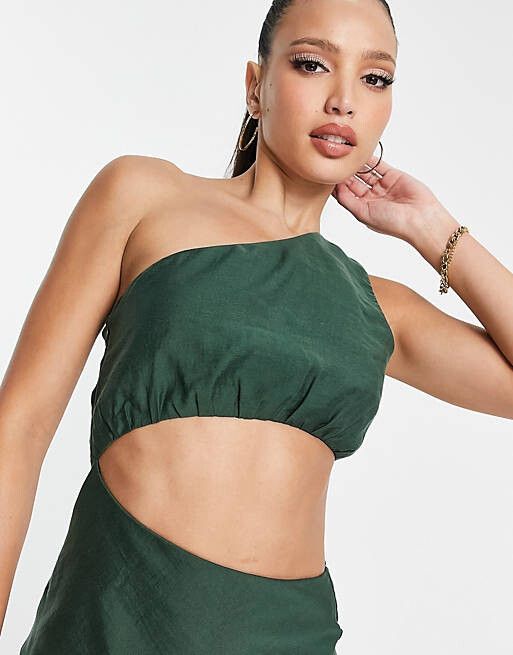

Темно-зеленое платье макси на одно плечо из стираной ткани с вырезом на талии ASOS DESIGN Tall