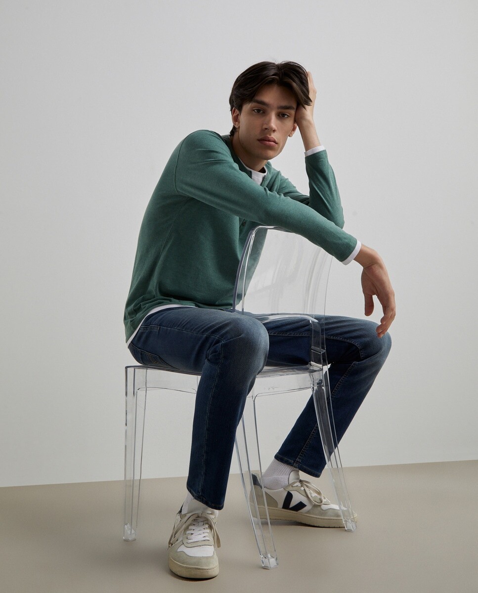 

Мужская однотонная футболка с двойным вырезом и длинными рукавами Easy Wear, зеленый