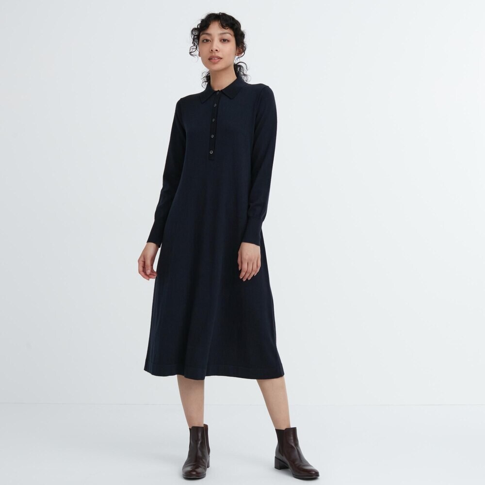 

Женское платье Uniqlo с воротником-поло, темно-синий