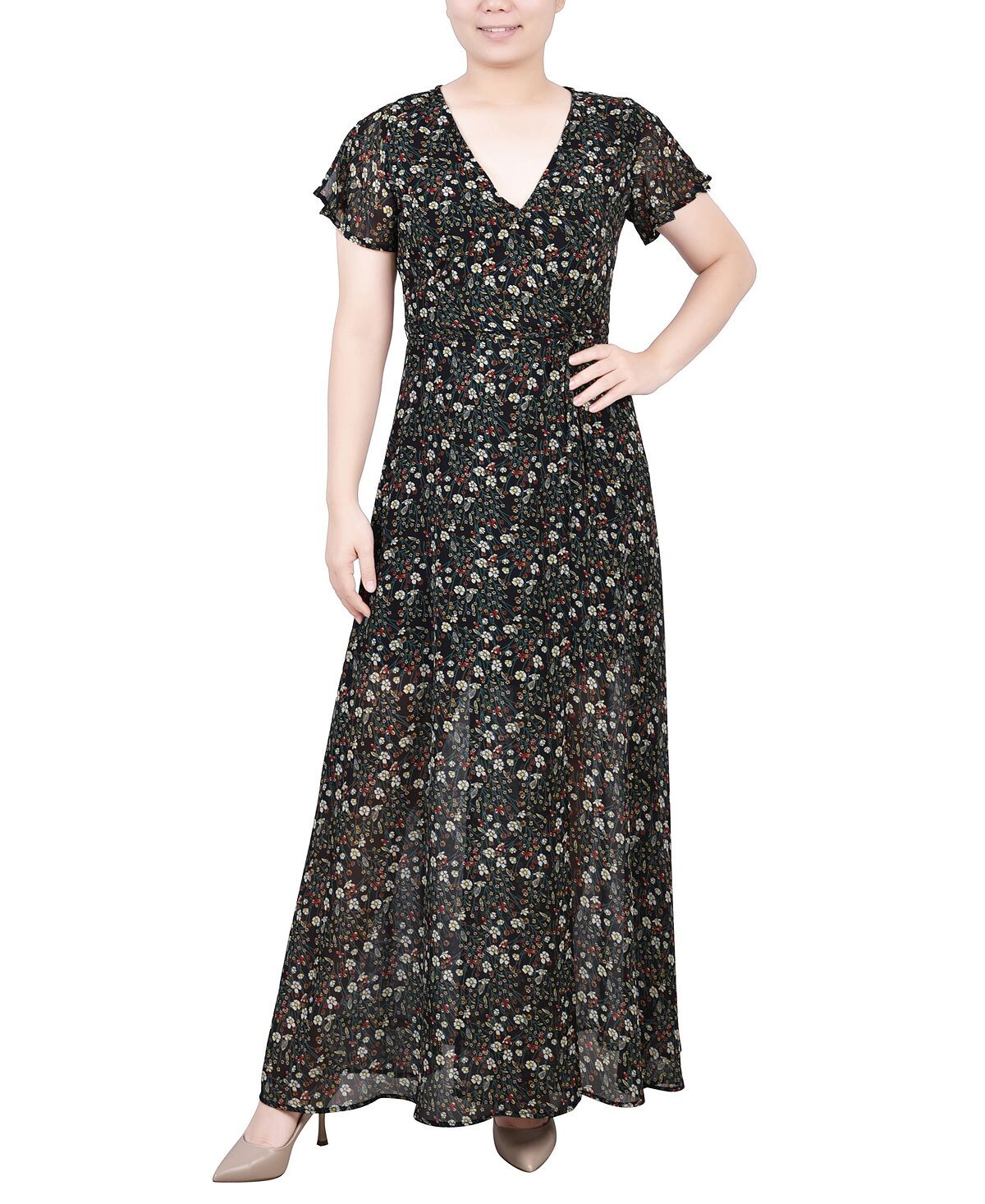

Женское шифоновое платье макси с короткими рукавами и запахом NY Collection