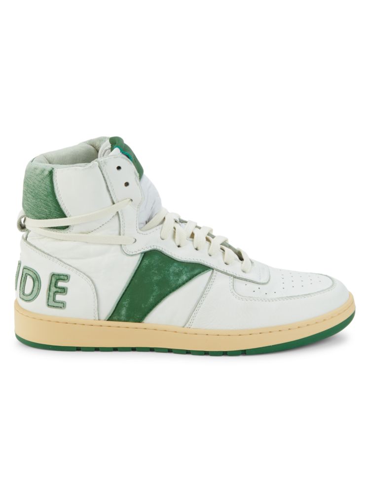 Кожаные кроссовки средней длины с логотипом и цветными блоками R H U D E, цвет White Green