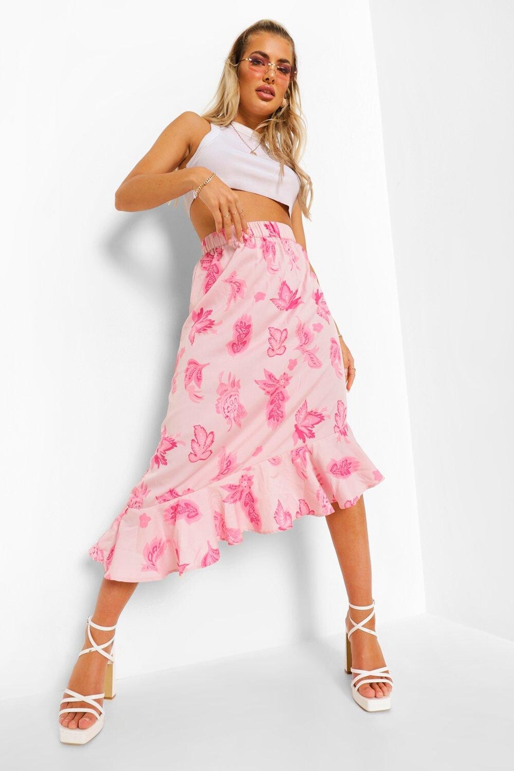 

Юбка миди с рюшами пейсли Boohoo, розовый
