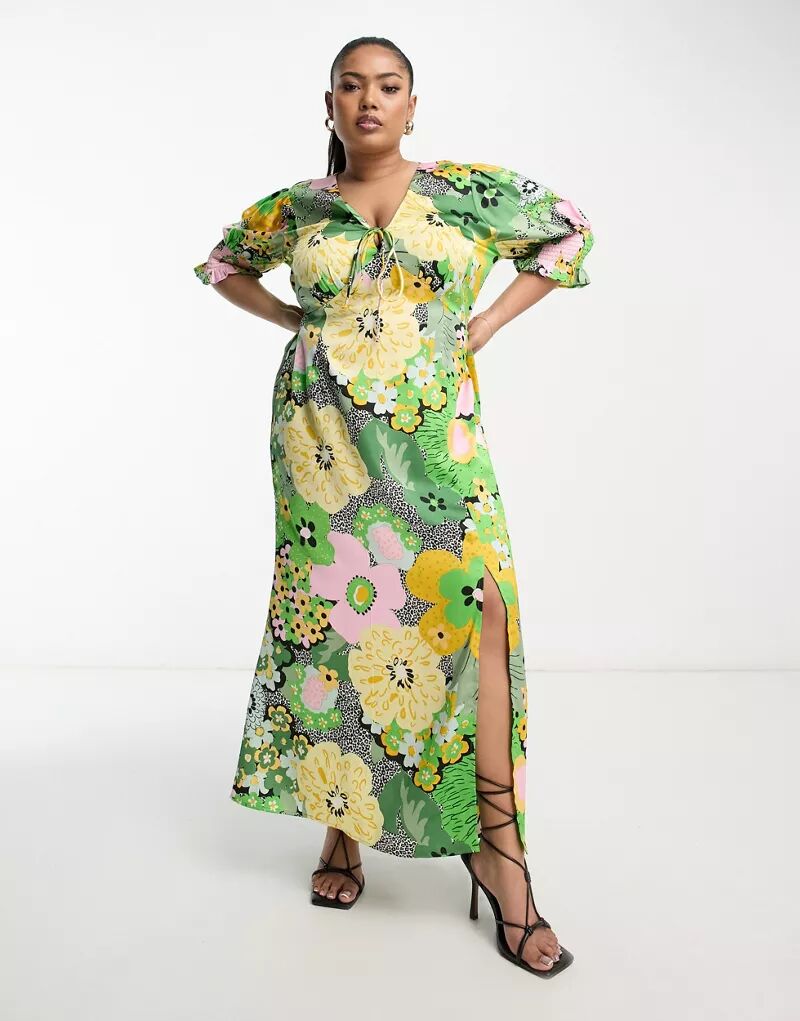 Повседневное атласное платье миди ASOS DESIGN Curve с цветочным принтом, завязками спереди и рюшами на манжетах