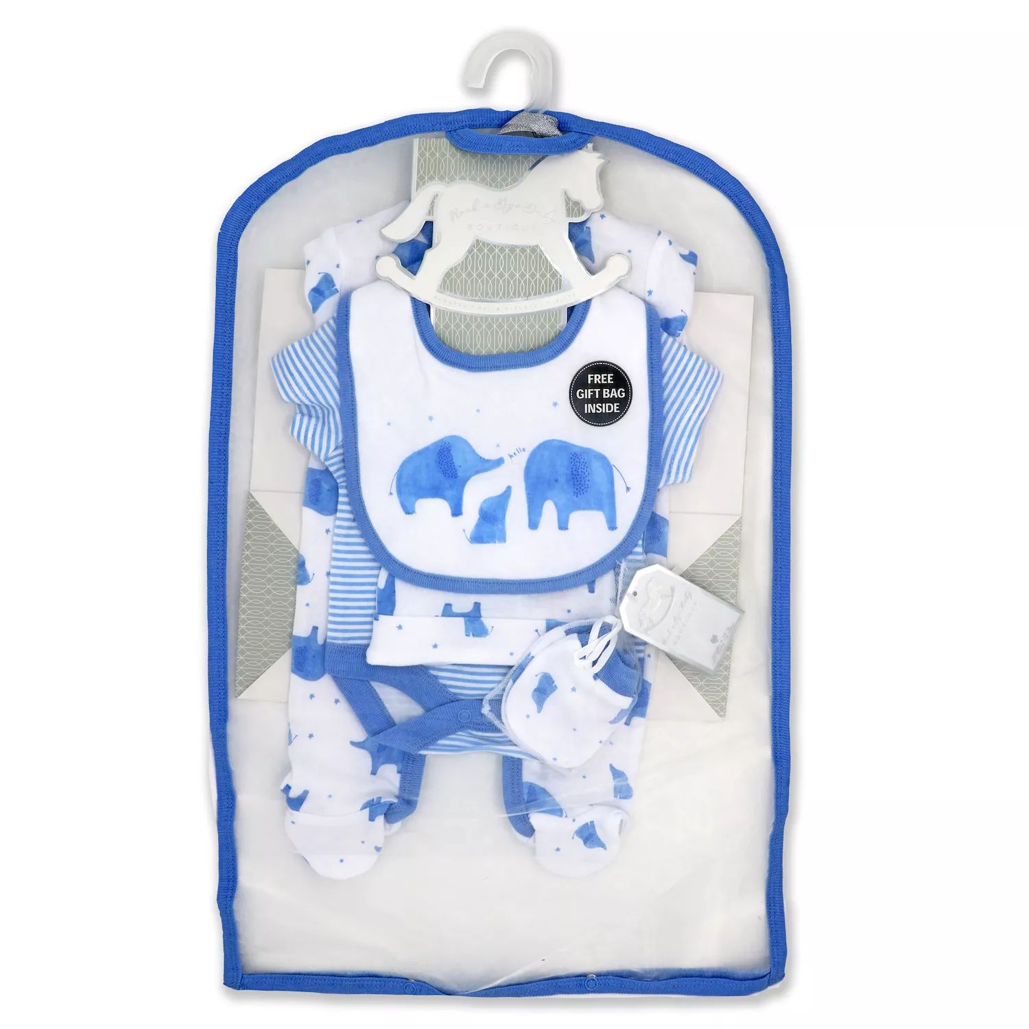 bye bye paris mother baby care bag hi̇gh quality warranty period month 12 Подарочный набор «Синие слоны» для маленьких мальчиков из 5 предметов в сетчатой ​​сумке Rock A Bye Baby Boutique