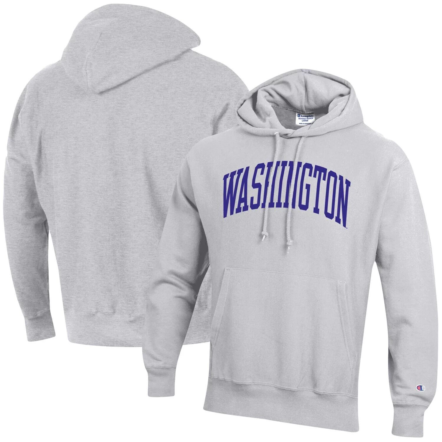 

Мужской серый пуловер с капюшоном Washington Huskies Team Arch обратного плетения с принтом меланжевого цвета Champion